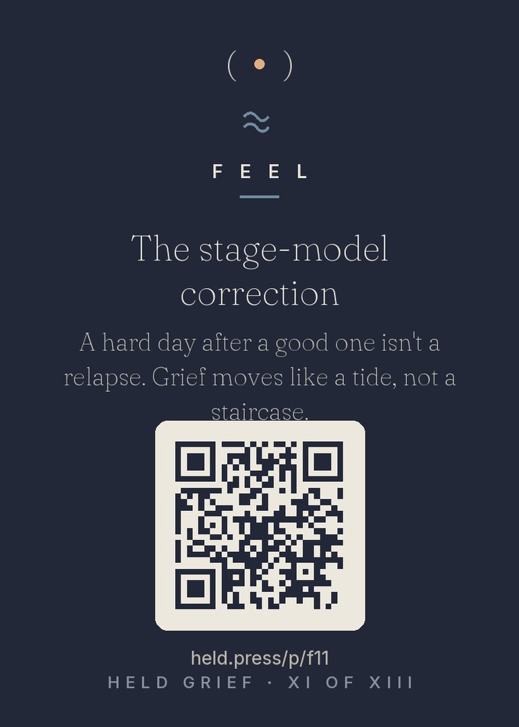 The stage-model correction — Kübler-Ross's five stages were developed from interviews with dying patients, not bereaved ones — and decades of research since, especially Bonanno's trajectory studies, show grief follows no fixed sequence. It moves like a tide: in, out, in again, with hard days after good ones as part of the pattern, not regression against it. Retiring the staircase removes a cruel yardstick. There is no stage you are behind on.