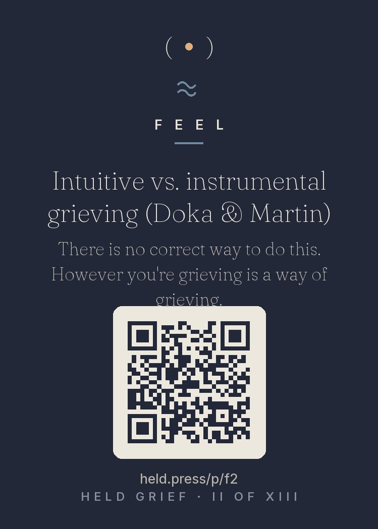 Grieving styles — Kenneth Doka and Terry Martin documented two broad grieving styles: intuitive grievers process through feeling and expression; instrumental grievers process through thinking and doing. Neither is superior, and most people blend both. George Bonanno's trajectory research adds that variability is the norm — resilience, delayed grief, gradual recovery all occur naturally. There is no correct grief to measure yourself against. However you are doing this is a style, not an error.