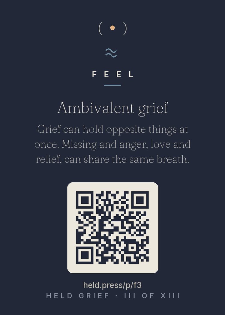 Ambivalent grief — Grief researchers have long observed that mourning is hardest, not easiest, when relationships were complicated — because the mind must hold love and injury simultaneously. The clinical insight: integration, not resolution, is the goal. You are not required to settle the contradiction, only to let both truths exist. Missing someone and being furious with them in the same breath is not confusion. It is accuracy about a real relationship.