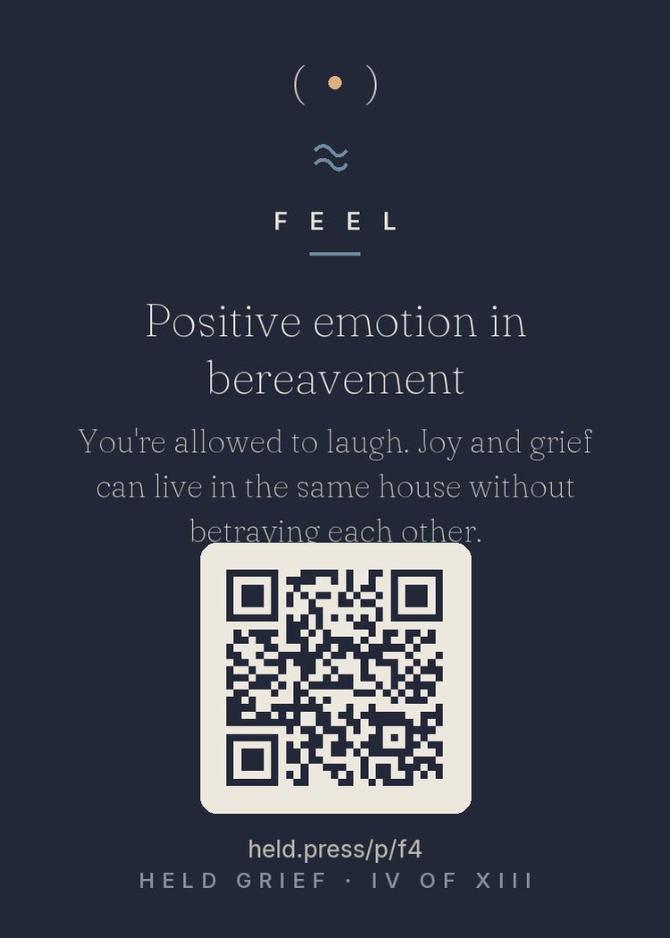 Positive emotion in bereavement — George Bonanno and Dacher Keltner's studies of bereaved people found something counterintuitive: those who genuinely laughed and smiled when remembering their loss adjusted better over time. Positive emotion isn't betrayal of grief — it's a functional part of it, giving the nervous system recovery intervals between waves. Joy and grief genuinely share a house. Laughing today doesn't mean you loved them less. It may mean your system is healing correctly.