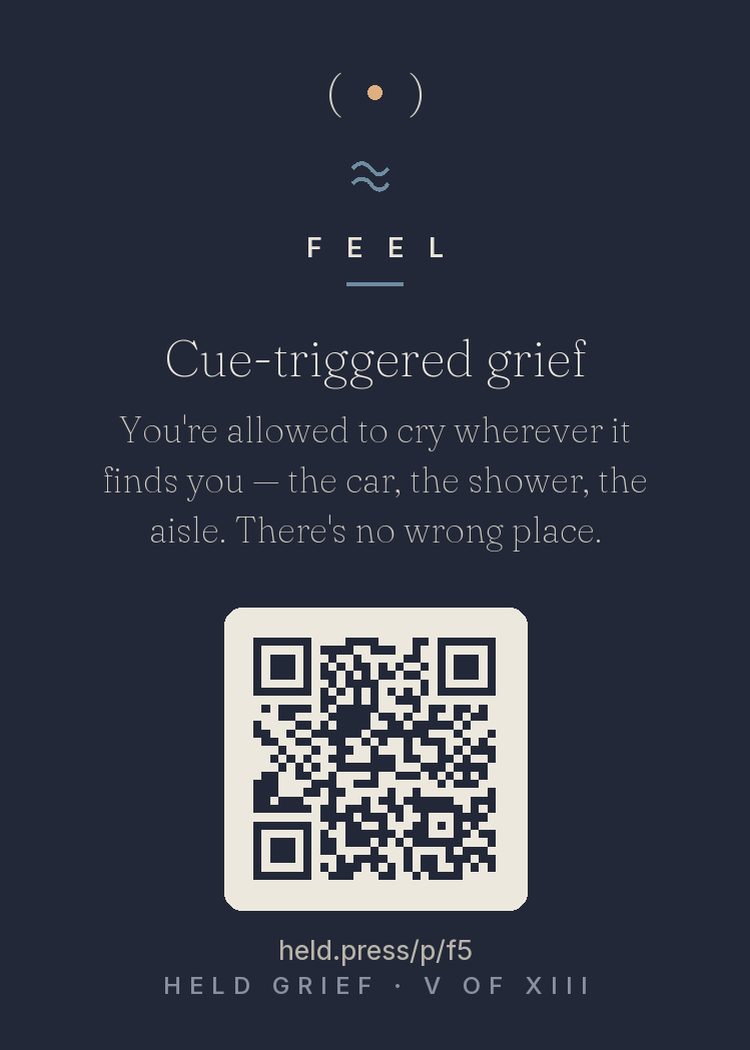 Cue-triggered grief — Grief triggers don't respect settings, because memory doesn't: cues are woven through grocery aisles, playlists, and parking lots. Crying itself activates parasympathetic release — the body's down-regulation system — which is why a hard cry often ends in exhausted calm. There is no socially correct venue because the trigger chooses the venue. Removing shame about where tears arrive removes a second injury layered on the first.