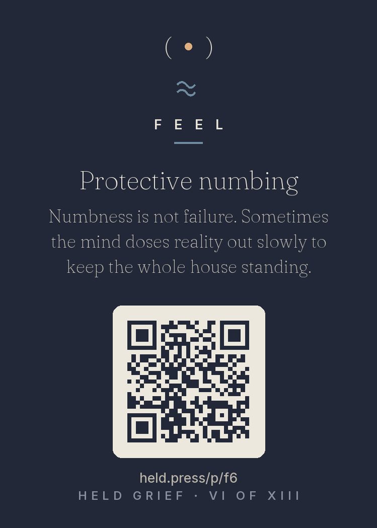 Protective numbing — Numbness after loss is a documented protective response — the psyche rationing how much reality it processes at once. William Worden described mourning as gradually 'actualizing' the loss; the mind takes the truth in doses it can metabolize. Numbness is one of the dosing mechanisms, not evidence of insufficient love. For most people it thaws on its own schedule, and feeling returns wave by wave, as capacity does.