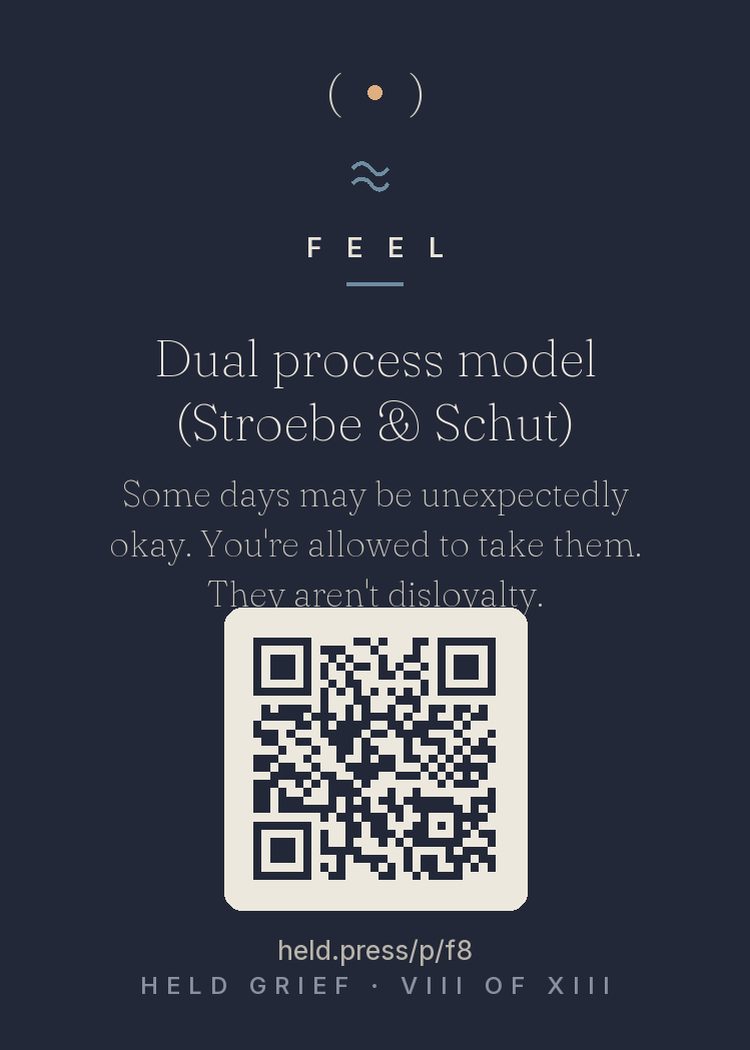 The restoration orientation — In Stroebe and Schut's dual process model, healthy grief oscillates between loss-oriented time (feeling, missing, mourning) and restoration-oriented time (living, doing, even enjoying). The okay days are the restoration phase — a functional component of grieving, not a lapse from it. Systems that oscillate recover; systems locked in either mode struggle. Take the good days without auditing them. They are load-bearing.
