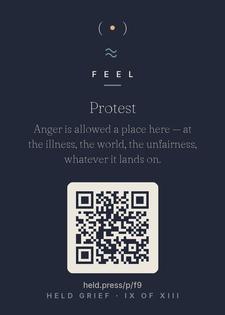 Anger as protest — Bowlby identified protest as a core phase of separation distress: the attachment system rages against a loss it cannot accept. Anger in grief — at them, at doctors, at God, at people whose lives continued — is that protest, and it is one of the most commonly reported and least socially permitted grief emotions. Suppressed anger tends to convert to guilt or depression. Allowed anger tends to move through. It is allowed.