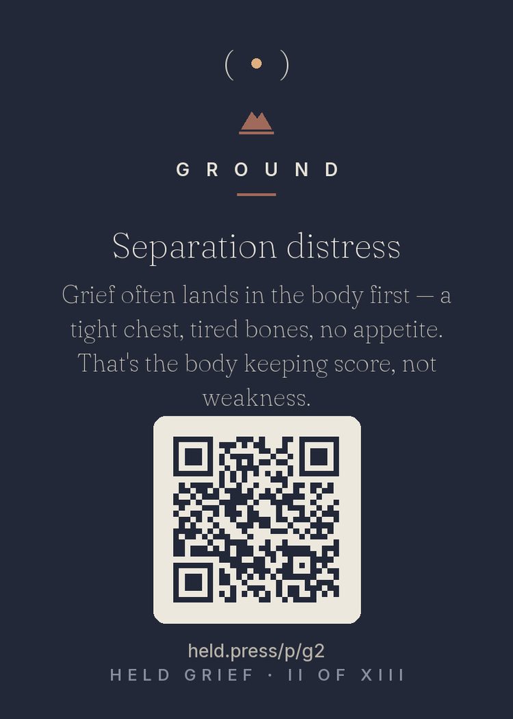 Separation distress and the grieving body — Attachment research beginning with John Bowlby showed that losing someone we're bonded to triggers separation distress — a whole-body response, not just an emotional one. Chest tightness, aching, heaviness, and exhaustion are the physiology of an attachment system searching for someone it cannot find. Naming this matters clinically: people who understand their symptoms as normal grief physiology suffer less secondary fear about the symptoms themselves.