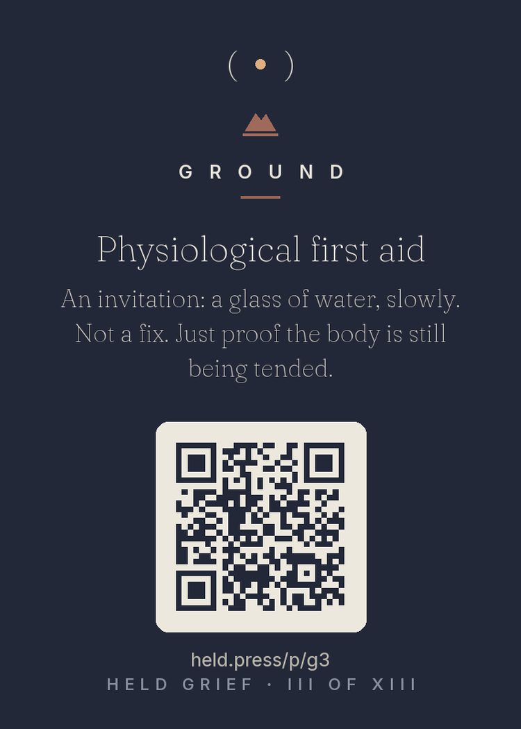 Physiological first aid — Grief taxes the autonomic nervous system the way hard physical labor does, and dehydration measurably worsens the fatigue and mental fog that bereavement already brings. But the deeper teaching is behavioral: performing one small act of self-maintenance sends the nervous system a caregiving signal — someone is looking after this body — even when you must be that someone yourself. Small physical care is self-communication.
