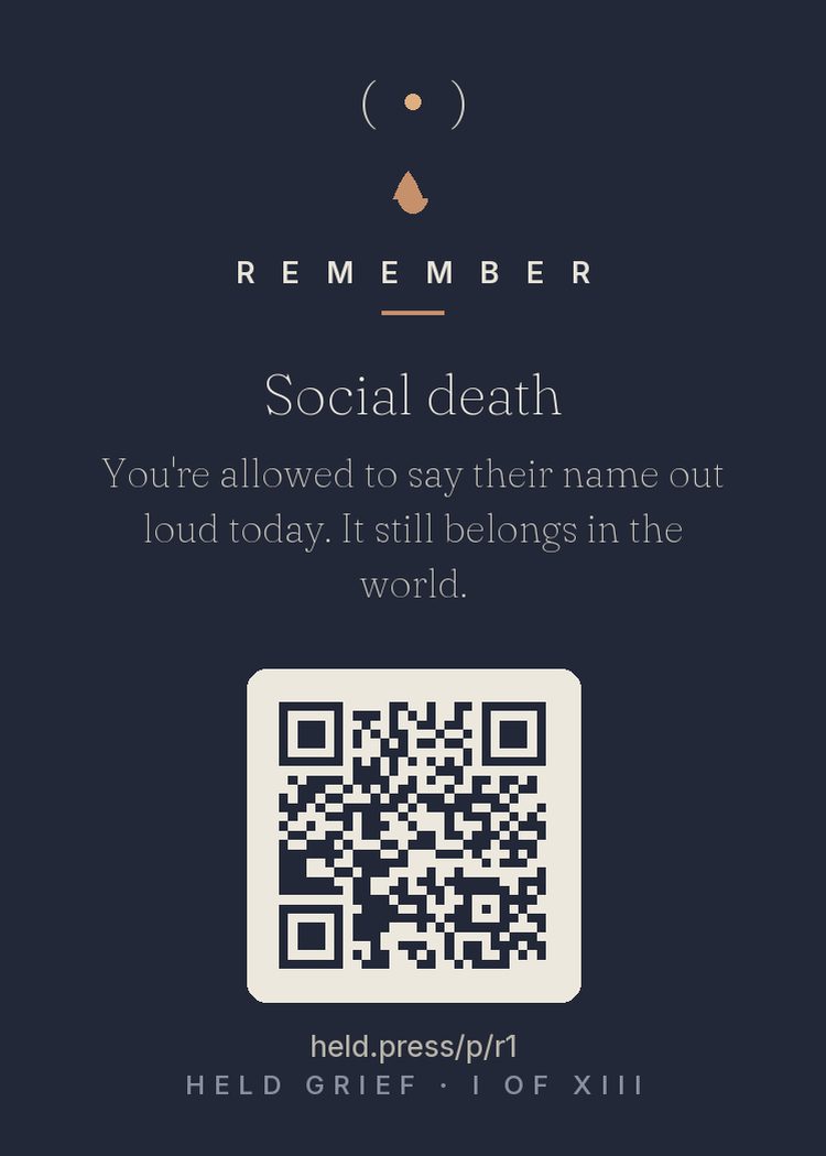The social existence of the dead — Bereaved people consistently report a second wound: the world stops saying the name. Silence, usually meant as kindness, performs erasure. Research on continuing bonds shows that speaking of the dead — casually, by name — maintains their social existence and gives the griever permission to keep the relationship public. Entire movements in child loss are built on this one act. Saying the name is maintenance work on a bond that continues.