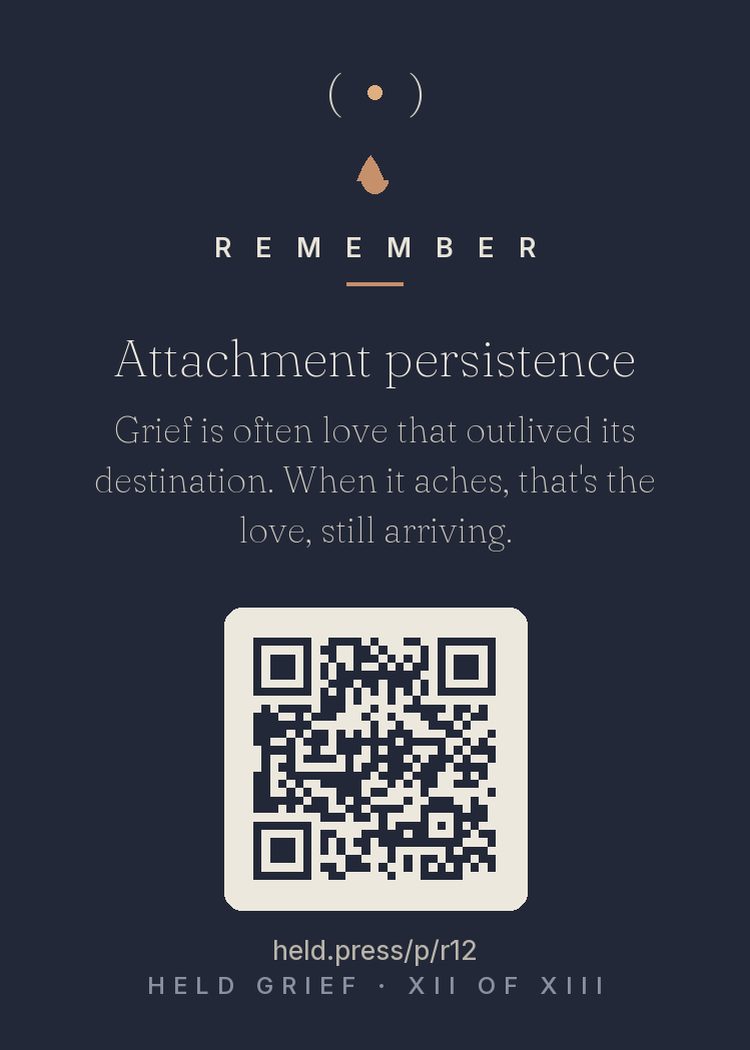 Grief as attachment energy — Grief intensity tracks attachment strength — the ache is a nervous system still reaching, on schedule, for someone it loves. The reaching doesn't stop because the person did; the love keeps arriving with nowhere to land, so it lands in you. Framing pain as love's continuation rather than its malfunction is associated with gentler self-judgment in bereavement research. The ache is not the price of love. It is the love.