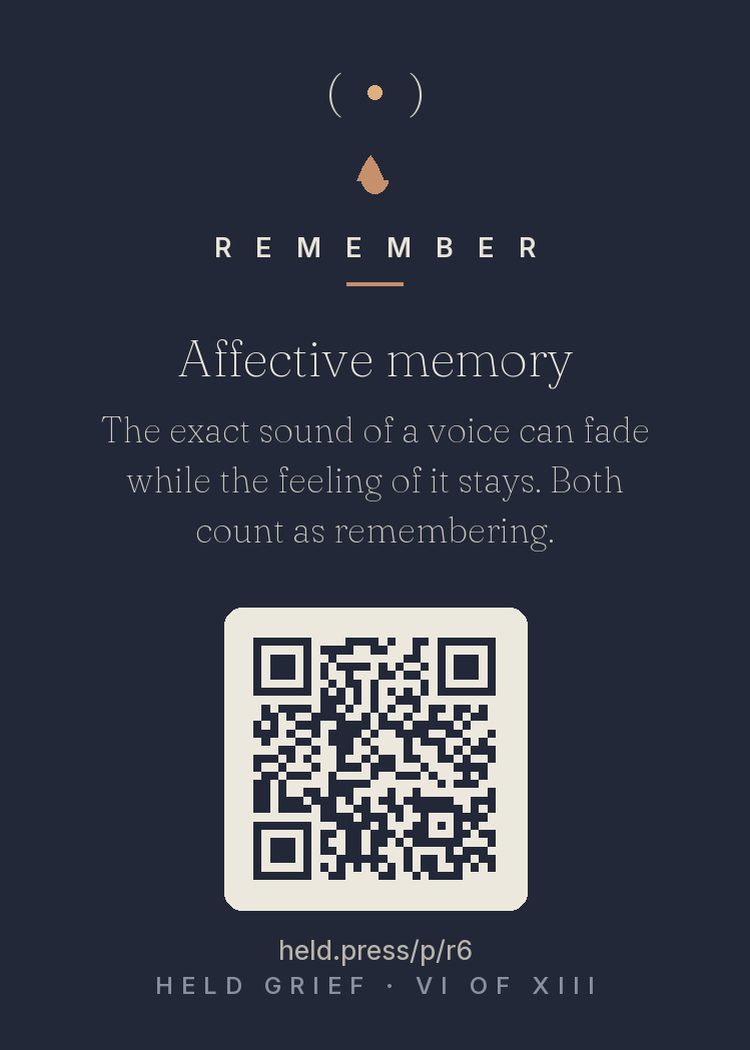 Affective versus sensory memory — Memory stores in parallel systems, and they fade at different rates: the precise sound of a voice (sensory detail) often blurs before the felt sense of the person (affective and semantic memory) even begins to. Grievers fear the first as total forgetting; it isn't. How they made you feel is memory too — arguably the deeper record. Losing an audio file is not losing the person. Both systems loved them.