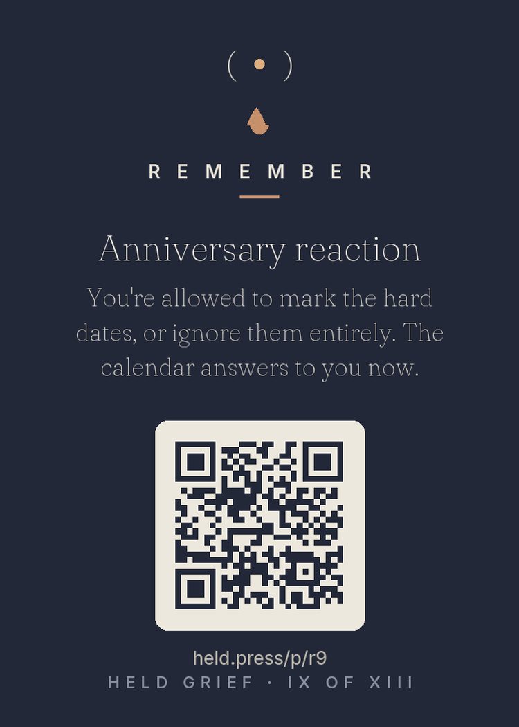 Anniversary reactions and ritual agency — Grief research documents anniversary reactions — measurable upsurges around significant dates, sometimes arriving before the conscious mind checks the calendar. The evidence-aligned response is agency: chosen ritual (marking the day deliberately) or chosen avoidance (a planned ordinary day) both outperform ambush. The calendar's power drops when you decide what the date will be. Birthdays, anniversaries, the day itself — they answer to you now.