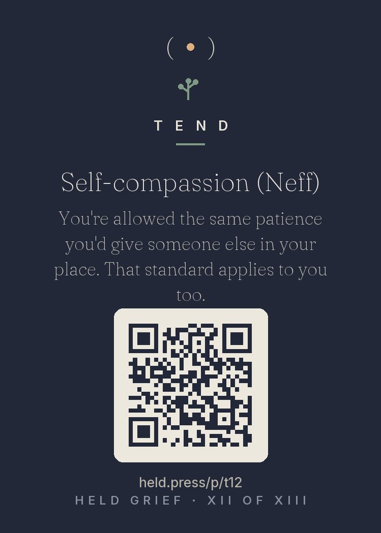 The perspective reversal — Kristin Neff's research finds self-compassion predicts better outcomes after loss than self-esteem does — and that most people fail at it directly while excelling at compassion for others. Hence the reversal: imagine them grieving you. The patience, the permission, the gentleness you'd insist they receive — that is the objectively appropriate standard, and it becomes accessible the moment it's aimed away from yourself. Now aim it back. It was always yours.