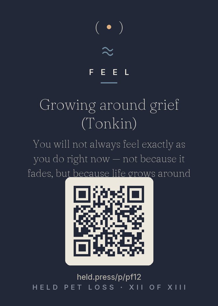 Growing around grief — Lois Tonkin's model corrected the false promise that grief shrinks with time. It doesn't — life grows larger around it. The missing stays the size it was, because the love stays the size it was, but mornings and people and new rooms accumulate around it until it is no longer the whole picture. Perhaps, someday, new paws too — or not. Either way: not forgetting, not shrinking. Growing around.