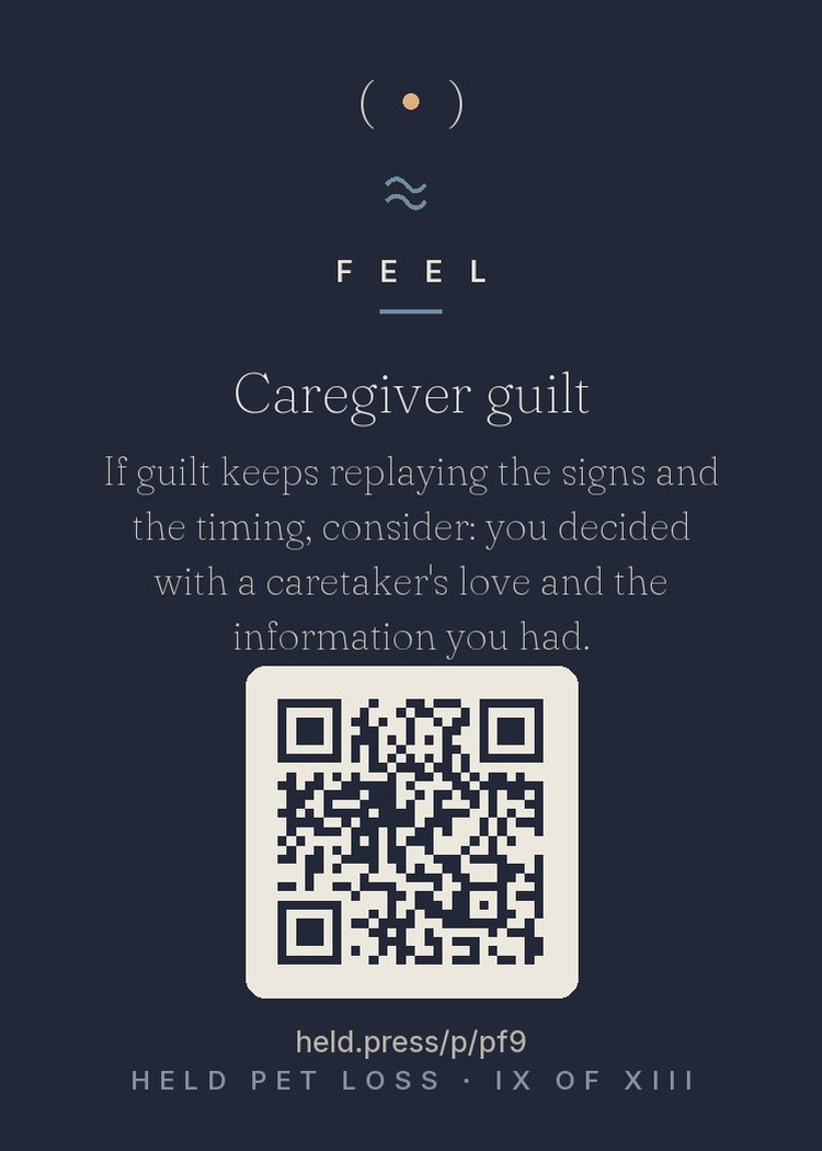 Caregiver guilt and hindsight — Veterinary bereavement studies consistently find caregiver guilt among pet grief's heaviest components — the missed sign, the second-guessed treatment, the timing. It runs on hindsight bias: outcomes feel predictable only after they're known. You made every call with a caretaker's information, love, and limits — the full job description. The replay means you cared; it is not evidence you failed. The audience the guilt wants doesn't exist. Dismiss the court.