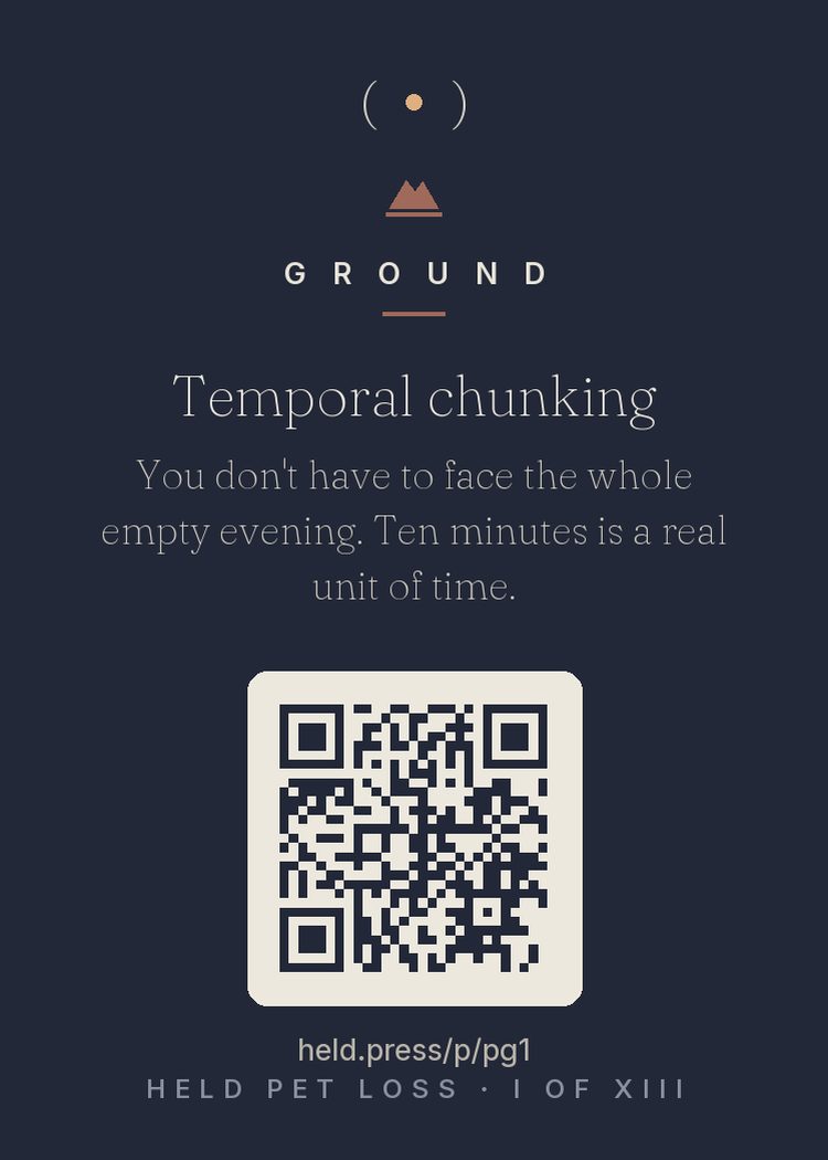 Temporal chunking — Overwhelm is partly a time problem: under acute stress the mind tries to process the whole empty future at once, and capacity collapses. Crisis stabilization uses deliberate time-shrinking — cut the horizon until it fits what you can actually carry. Ten minutes is small enough for a grieving nervous system to hold, even an evening that echoes. Chain the ten-minute segments and the evening passes without ever being faced whole.