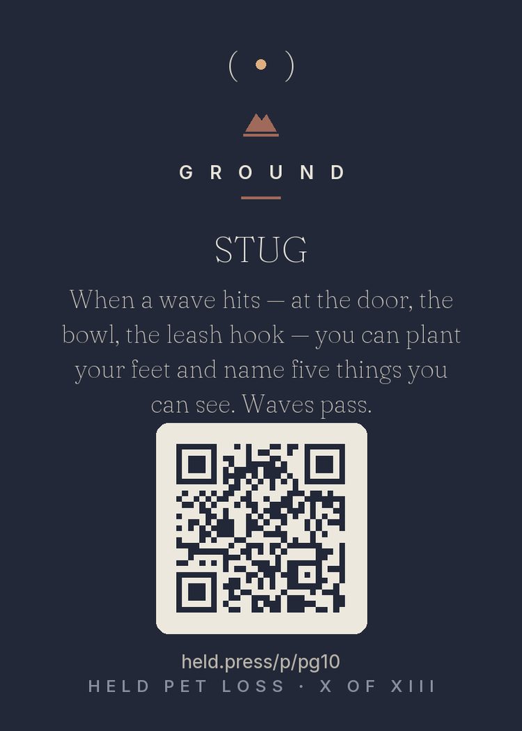 STUG waves and sensory grounding — Therese Rando named them STUGs — sudden temporary upsurges of grief. Pet loss has notoriously dense trigger fields: the bowl, the leash hook, a bark two yards over. Two load-bearing facts: waves crest and pass, always; and sensory grounding shortens them. Naming five visible things — the 5-4-3-2-1 technique — occupies the channels panic uses until the wave completes. Your record against waves remains perfect.