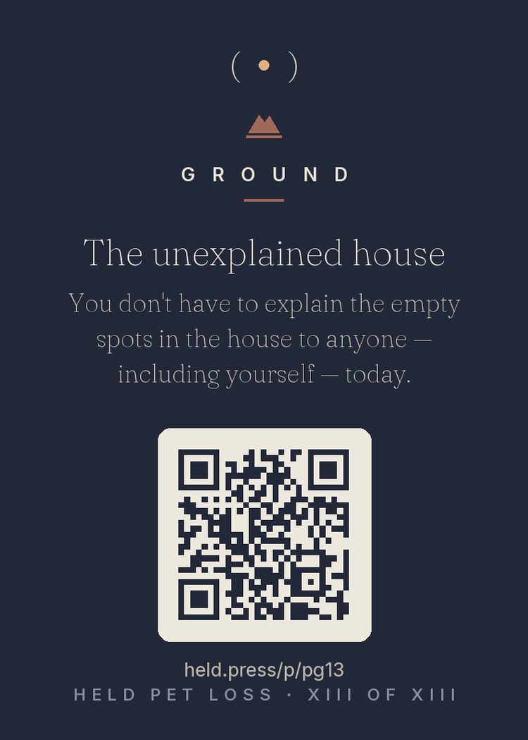 The bed still by the radiator. The bowl cupboard you don't open. Visitors notice; some ask. This card is your release from the guided tour. — A home after an animal dies is a map of decisions not yet made — and not yet due. The spaces can stay strange as long as strange is what they are.