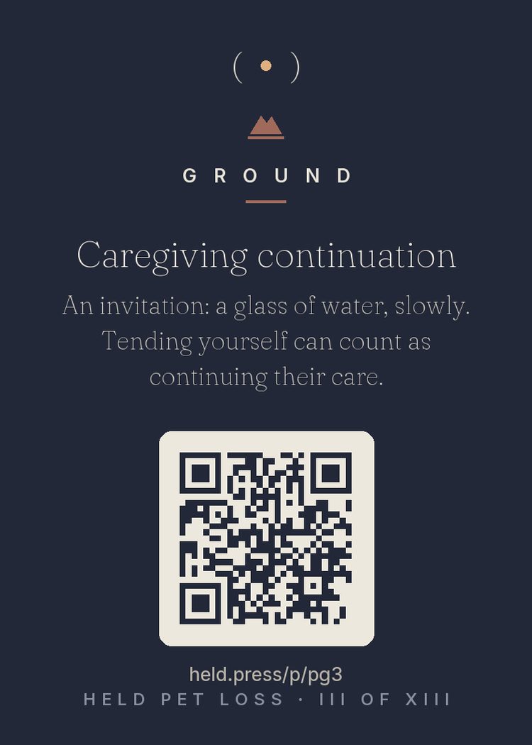 Caregiving identity continuation — For years, part of your identity was their caretaker — a role that ended abruptly, leaving caregiving energy with no destination. Bereavement research on caregivers shows this role-loss is its own distinct ache. Redirecting even a little of that care toward your own body — water, slowly — gives the orphaned caregiving somewhere to go. Looking after yourself genuinely is continuing their work. You were always the one keeping this household alive.
