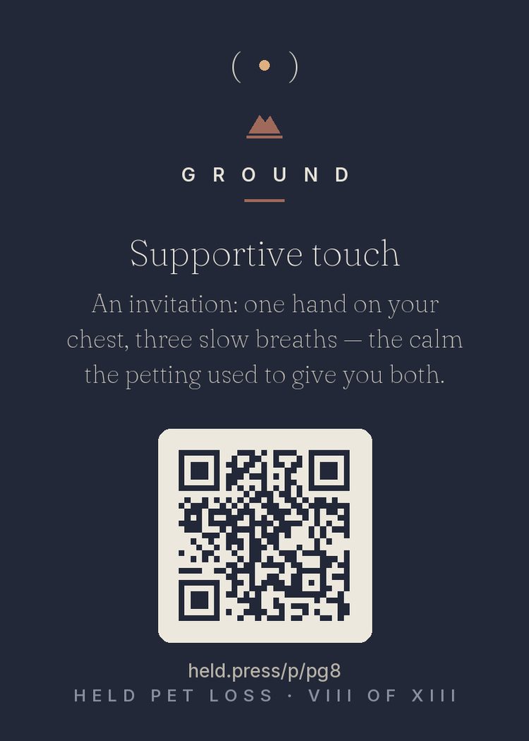 Supportive touch and interoception — Kristin Neff's self-compassion work includes the hand-over-heart practice: warm touch — even your own — activates the caregiving system and lowers stress arousal. For pet grievers there's a sharper edge: your hands are missing their job. Petting was co-regulation, documented to lower blood pressure and cortisol in both species. Your hand on your own chest is a bridge practice. The touch system still works. You are still here to feel it.