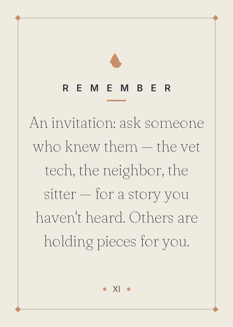 An invitation: ask someone who knew them — the vet tech, the neighbor, the sitter — for a story you haven't heard. Others are holding pieces for you.