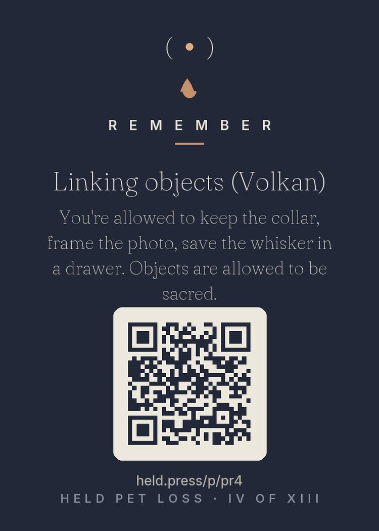 Objects are allowed to be sacred — the collar, the whisker in a drawer, the photo: tangible anchors for a bond still active. Pacing belongs to the griever alone. A collar can hold what the mind is still learning to carry, and theirs are allowed to be sacred too.