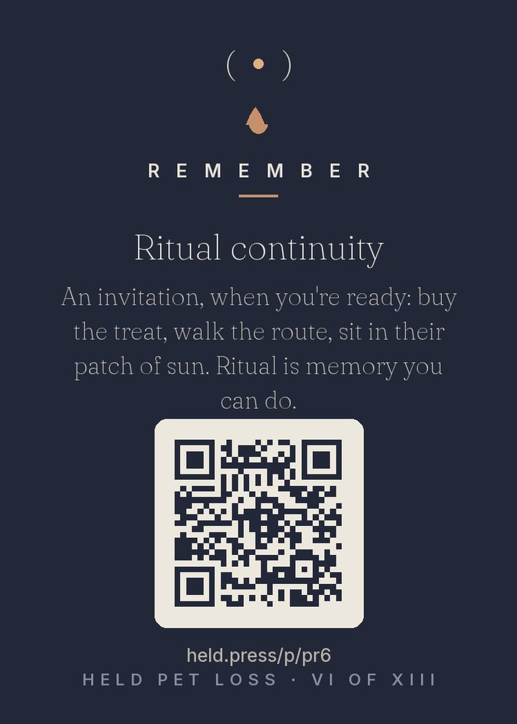 Ritual continuity — Bereavement research finds ritual regulates grief — and pet relationships were made of ritual: the route, the treat, the shared sun. Continuing a chosen fragment converts a trigger into a tribute; the same walk that ambushes you can, when walked deliberately, become memorial practice. Buy the treat. Walk the route. Sit in their patch of light. Ritual is memory you can do with your body when the heart needs help.
