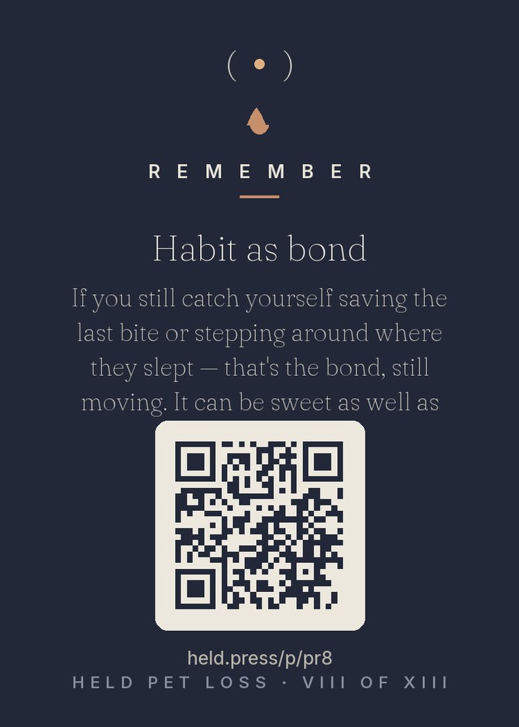 Habit as continuing bond — Klass and colleagues' continuing-bonds research showed healthy grievers maintain inner relationships with their dead — and with animals, the bond persists in the body's habits: saving the last bite, stepping over a dog no longer underfoot, pausing at the door. These reflexes are the relationship's muscle memory, still firing. Let them be sweet as well as sad. You're still in it. It's just quieter on one side.