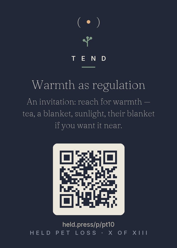 Warmth as regulation — Physical warmth regulates: warm drinks, blankets, bathwater, and sun lower stress arousal, and the body partially reads physical warmth as social warmth — which matters when your usual warm body at your feet is gone. Their blanket near you, if you want it, is comfort and continuing bond in one object. This is nervous system maintenance, not wallowing. Comfort isn't a luxury right now. It's how the machine keeps running.
