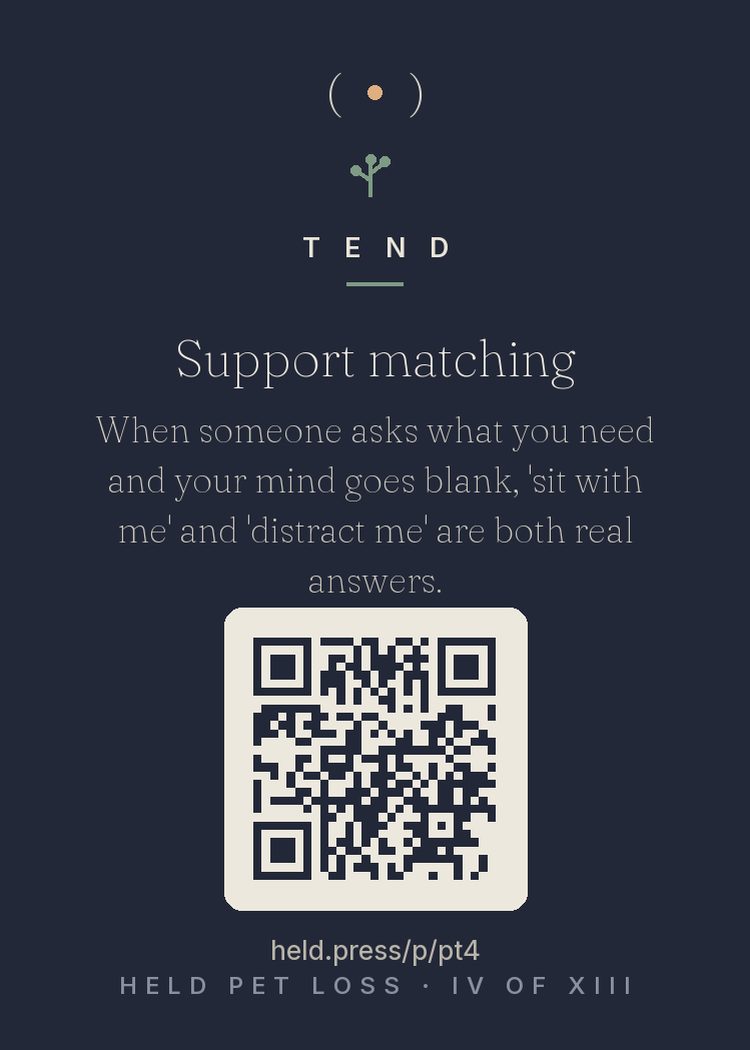 Matching support to need — Support research distinguishes presence ('sit with me') from relief ('distract me') — and finds mismatched help is why comfort so often lands wrong. Grieving minds can rarely diagnose their need on demand, so carry the scripts. Both answers are real; both are complete. Naming which one you need turns a hovering, helpless friend into an effective one in five words. The blank feeling isn't failure. It just needs a menu.