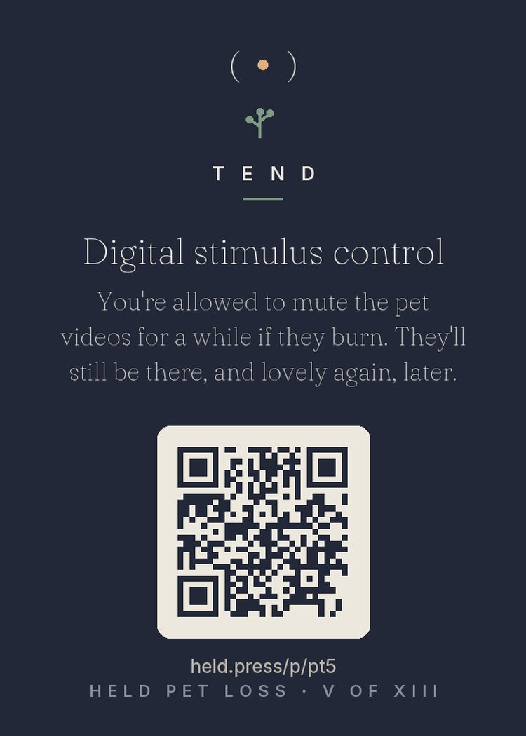 Digital stimulus control — Algorithmic feeds don't know your dog died — they'll keep serving golden retrievers at full cheer. Muting pet content during the raw period is stimulus control, not bitterness: you are shaping input to match capacity, temporarily. Research on grief triggers supports exactly this pacing. The videos will still be there, and genuinely lovely again, when your nervous system can afford them. Protecting the wound while it closes is just wound care.
