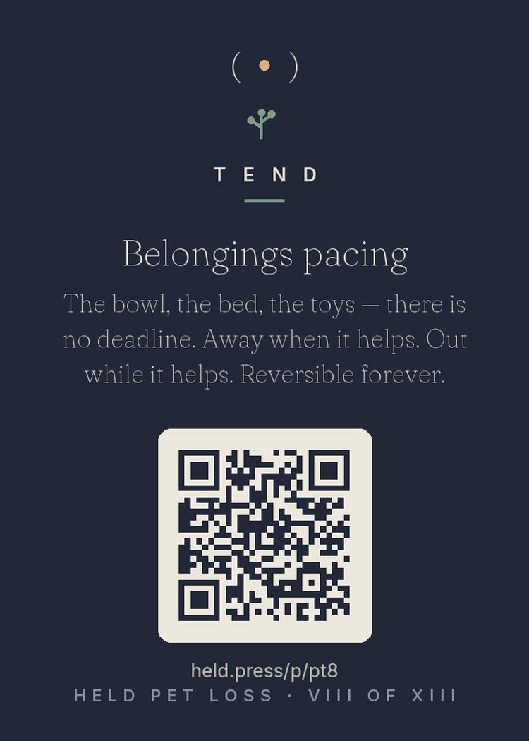 Belongings pacing — The bowl, the bed, the toys: pet grievers face pressure from both directions — 'clear it out, it's morbid' and 'keep everything, it's disloyal.' Research supports neither deadline. Belongings are linking objects; their timing belongs to the griever alone, and both directions reverse. Boxed can be unboxed; kept can be donated later. Put things away when it helps. Leave them out while it helps. Both are right. There is no clock.